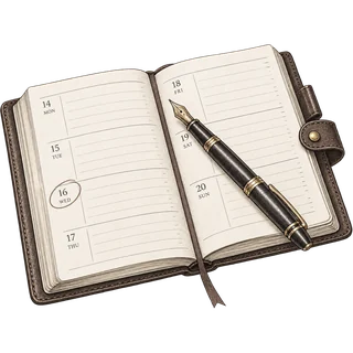 Ink illustration of a desk diary with a circled date and a fountain pen