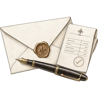 Ink illustration of a wax-sealed envelope, an invoice and a fountain pen