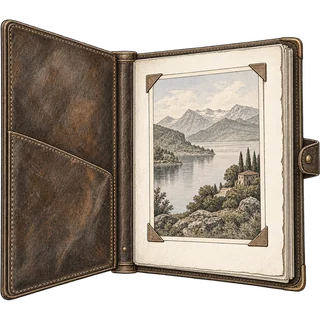 Ink illustration of an open leather portfolio holding a landscape photograph