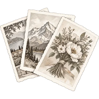 Ink illustration of a fanned stack of deckled-edge prints