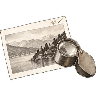Ink illustration of a print marked with a heart and a tick beside a loupe
