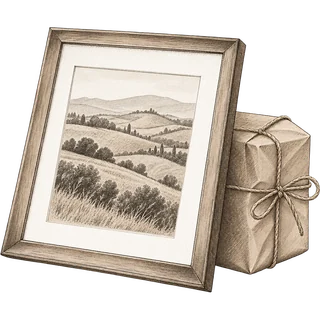 Ink illustration of a framed landscape print leaning on a parcel tied with string